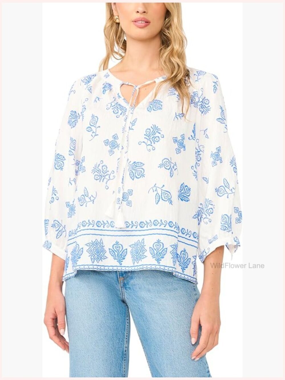 Tie Neck Peasant Sleeve Floral Blouse Relaxed Fit